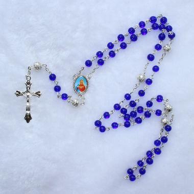 6mm Blue Glass Beads Rosary with Cross (CR173)