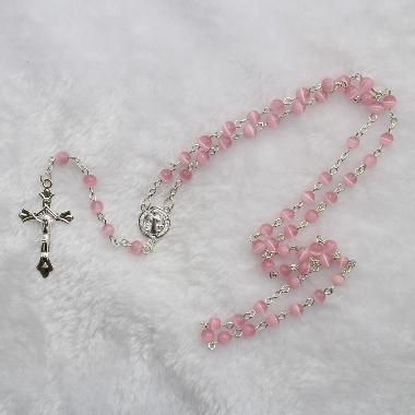 6mm Pink Cat Eye blessed sacrament rosary beads (CR086)