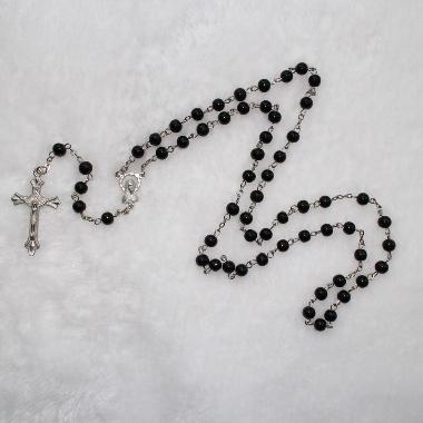 6mm Black Glass Rosaries beads with metal crucifix (CR032)